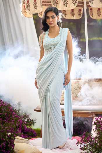 Buy Aariyana Couture Sky Blue Net, Lycra Beads, Pearls Pre-draped Saree With Embroidered Corset Buy_Aariyana Couture_Sky Blue Net, Lycra Beads, Pearls Pre-draped Saree With Embroidered Corset