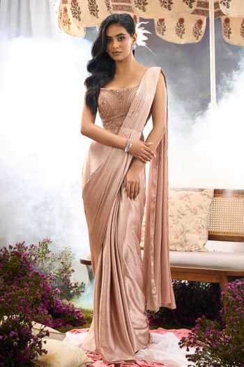 Aariyana Couture Pink Silk, Net Sweetheart Neck Pre-draped Saree With Embroidered Blouse at Aza Fashions Aariyana Couture_Pink Silk, Net Sweetheart Neck Pre-draped Saree With Embroidered Blouse _at_Aza_Fashions