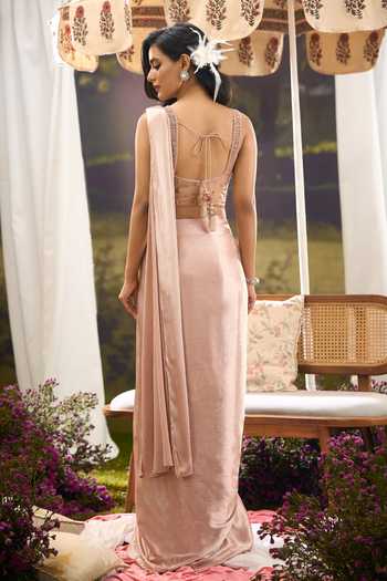 Aariyana Couture Pre-Draped Silk Saree With Embroidered Blouse