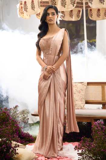 Shop Aariyana Couture Pink Silk, Net Sweetheart Neck Pre-draped Saree With Embroidered Blouse Shop_Aariyana Couture_Pink Silk, Net Sweetheart Neck Pre-draped Saree With Embroidered Blouse