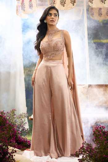 Aariyana Couture Pink Net Sweetheart Neck Embroidered Blouse Palazzo Set at Aza Fashions Aariyana Couture_Pink Net Sweetheart Neck Embroidered Blouse Palazzo Set _at_Aza_Fashions