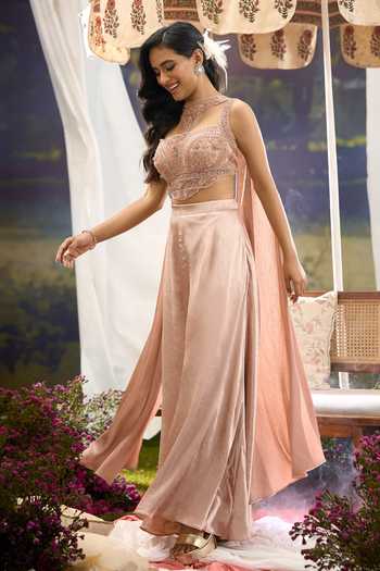 Buy Aariyana Couture Pink Net Sweetheart Neck Embroidered Blouse Palazzo Set Buy_Aariyana Couture_Pink Net Sweetheart Neck Embroidered Blouse Palazzo Set