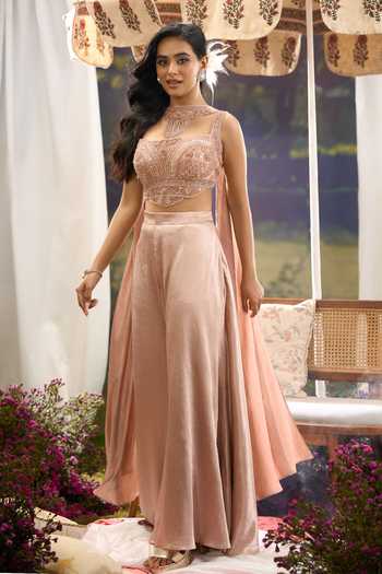 Shop Aariyana Couture Pink Net Sweetheart Neck Embroidered Blouse Palazzo Set Shop_Aariyana Couture_Pink Net Sweetheart Neck Embroidered Blouse Palazzo Set
