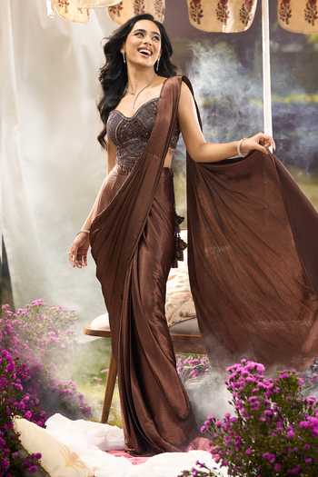Buy Aariyana Couture Brown Silk, Net Sweetheart Neck Pre-draped Saree With Embroidered Blouse Buy_Aariyana Couture_Brown Silk, Net Sweetheart Neck Pre-draped Saree With Embroidered Blouse