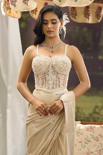 Buy Aariyana Couture Cream Net, Lycra Sweetheart Neck Pre-draped Saree With Embroidered Corset Buy_Aariyana Couture_Cream Net, Lycra Sweetheart Neck Pre-draped Saree With Embroidered Corset