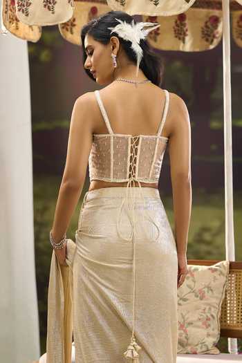 Shop Aariyana Couture Cream Net, Lycra Sweetheart Neck Pre-draped Saree With Embroidered Corset Shop_Aariyana Couture_Cream Net, Lycra Sweetheart Neck Pre-draped Saree With Embroidered Corset