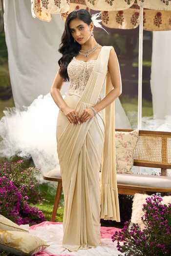 Aariyana Couture Pre-Draped Saree With Net Embroidered Corset