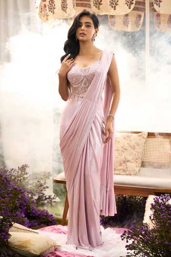 Shop Aariyana Couture Pink Lycra, Net Sweetheart Neck Pre-draped Saree With Embroidered Blouse Shop_Aariyana Couture_Pink Lycra, Net Sweetheart Neck Pre-draped Saree With Embroidered Blouse