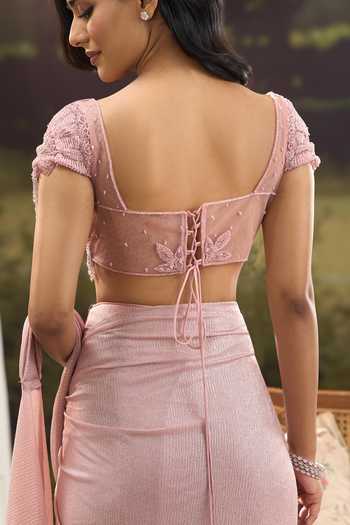 Shop Aariyana Couture Pink Lycra, Net Sweetheart Neck Pre-draped Saree With Embroidered Blouse Online at Aza Fashions Shop_Aariyana Couture_Pink Lycra, Net Sweetheart Neck Pre-draped Saree With Embroidered Blouse _Online_at_Aza_Fashions