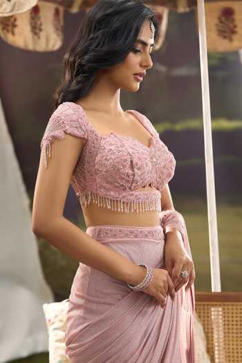 Buy Aariyana Couture Pink Lycra, Net Sweetheart Neck Pre-draped Saree With Embroidered Blouse Buy_Aariyana Couture_Pink Lycra, Net Sweetheart Neck Pre-draped Saree With Embroidered Blouse