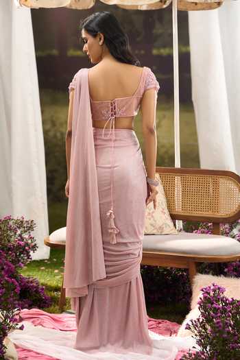 Shop Aariyana Couture Pink Lycra, Net Sweetheart Neck Pre-draped Saree With Embroidered Blouse Shop_Aariyana Couture_Pink Lycra, Net Sweetheart Neck Pre-draped Saree With Embroidered Blouse