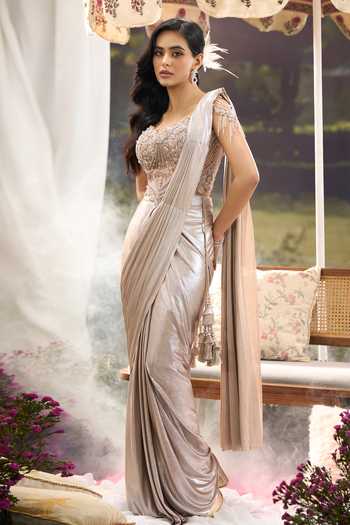 Shop Aariyana Couture Gold Lycra, Net Sweetheart Neck Shimmer Pre-draped Saree With Embroidered Blouse Online at Aza Fashions Shop_Aariyana Couture_Gold Lycra, Net Sweetheart Neck Shimmer Pre-draped Saree With Embroidered Blouse _Online_at_Aza_Fashions