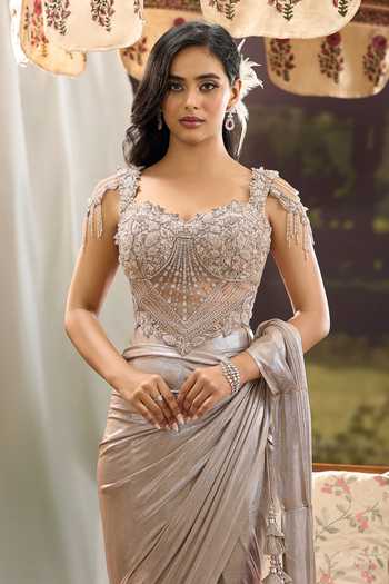 Aariyana Couture Gold Lycra, Net Sweetheart Neck Shimmer Pre-draped Saree With Embroidered Blouse at Aza Fashions Aariyana Couture_Gold Lycra, Net Sweetheart Neck Shimmer Pre-draped Saree With Embroidered Blouse _at_Aza_Fashions