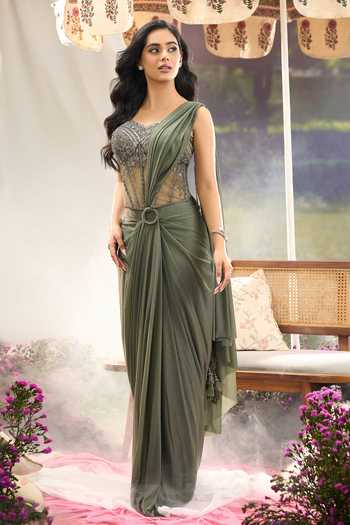 Buy Aariyana Couture Green Lycra, Net Sequins, Beads Sweetheart Pre-draped Ringed Saree With Corset Online at Aza Fashions Buy_Aariyana Couture_Green Lycra, Net Sequins, Beads Sweetheart Pre-draped Ringed Saree With Corset _Online_at_Aza_Fashions