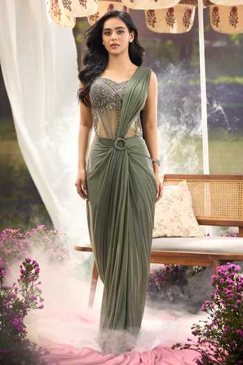 Shop Aariyana Couture Green Lycra, Net Sequins, Beads Sweetheart Pre-draped Ringed Saree With Corset Online at Aza Fashions Shop_Aariyana Couture_Green Lycra, Net Sequins, Beads Sweetheart Pre-draped Ringed Saree With Corset _Online_at_Aza_Fashions