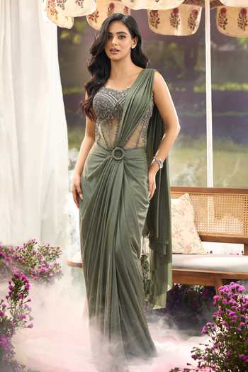 Shop Aariyana Couture Green Lycra, Net Sequins, Beads Sweetheart Pre-draped Ringed Saree With Corset Shop_Aariyana Couture_Green Lycra, Net Sequins, Beads Sweetheart Pre-draped Ringed Saree With Corset