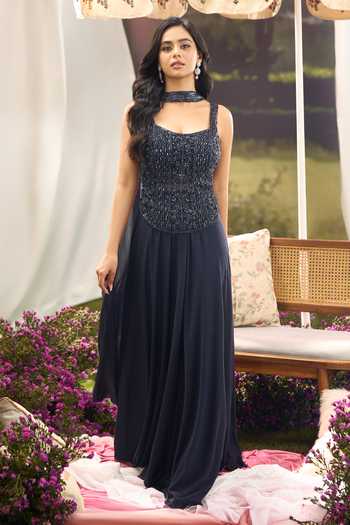 Shop Aariyana Couture Navy Net Sweetheart Neck Embroidered Top Flared Palazzo Set Online at Aza Fashions Shop_Aariyana Couture_Navy Net Sweetheart Neck Embroidered Top Flared Palazzo Set _Online_at_Aza_Fashions