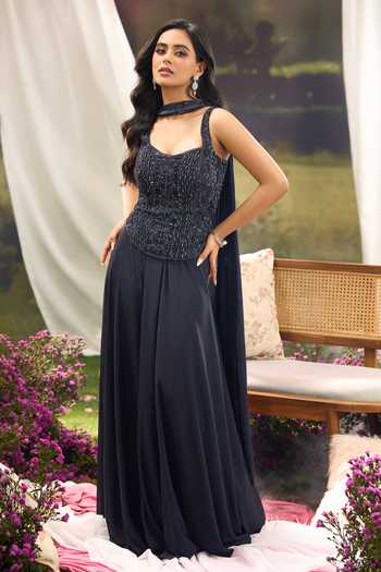 Buy Aariyana Couture Navy Net Sweetheart Neck Embroidered Top Flared Palazzo Set Buy_Aariyana Couture_Navy Net Sweetheart Neck Embroidered Top Flared Palazzo Set