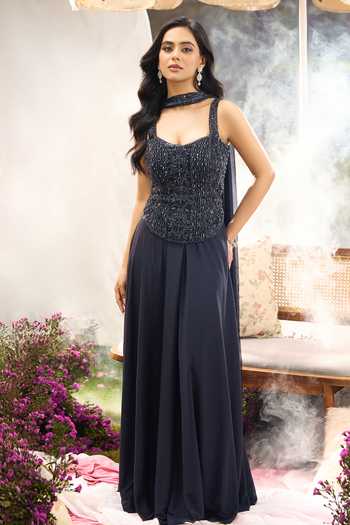 Shop Aariyana Couture Navy Net Sweetheart Neck Embroidered Top Flared Palazzo Set Shop_Aariyana Couture_Navy Net Sweetheart Neck Embroidered Top Flared Palazzo Set