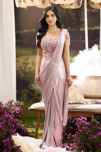 Buy Aariyana Couture Pink Lycra, Net Sweetheart Neck Pre-draped Saree With Blouse Online at Aza Fashions Buy_Aariyana Couture_Pink Lycra, Net Sweetheart Neck Pre-draped Saree With Blouse _Online_at_Aza_Fashions