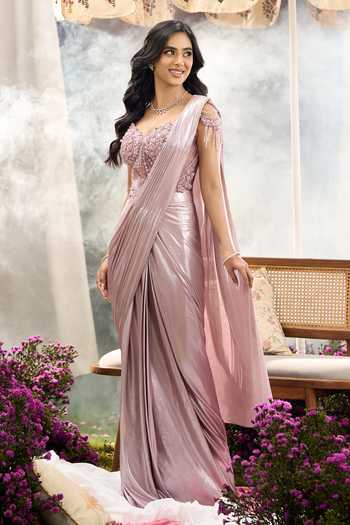 Shop Aariyana Couture Pink Lycra, Net Sweetheart Neck Pre-draped Saree With Blouse Online at Aza Fashions Shop_Aariyana Couture_Pink Lycra, Net Sweetheart Neck Pre-draped Saree With Blouse _Online_at_Aza_Fashions