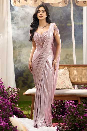 Buy Aariyana Couture Pink Lycra, Net Sweetheart Neck Pre-draped Saree With Blouse Buy_Aariyana Couture_Pink Lycra, Net Sweetheart Neck Pre-draped Saree With Blouse
