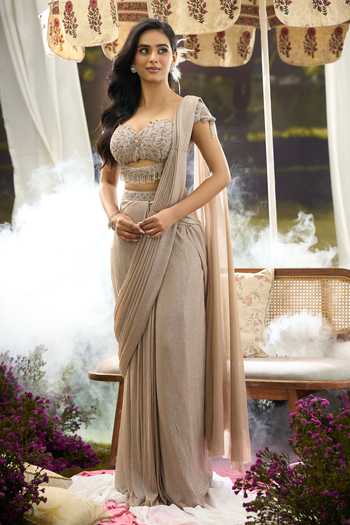 Buy Aariyana Couture Gold Lycra, Net Sweetheart Neck Pre-draped Saree With Tassel Embroidered Blouse Online at Aza Fashions Buy_Aariyana Couture_Gold Lycra, Net Sweetheart Neck Pre-draped Saree With Tassel Embroidered Blouse _Online_at_Aza_Fashions