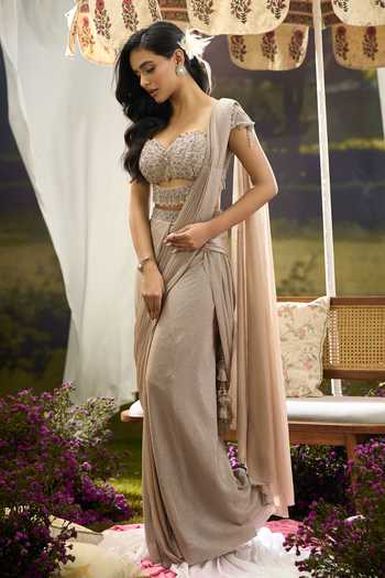Shop Aariyana Couture Gold Lycra, Net Sweetheart Neck Pre-draped Saree With Tassel Embroidered Blouse Online at Aza Fashions Shop_Aariyana Couture_Gold Lycra, Net Sweetheart Neck Pre-draped Saree With Tassel Embroidered Blouse _Online_at_Aza_Fashions