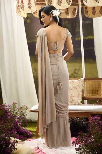 Aariyana Couture Pre-Draped Saree With Tassel Embroidered Blouse
