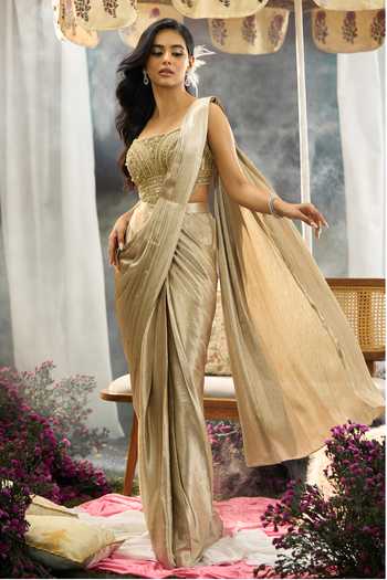 Buy Aariyana Couture Green Silk, Net Square Neck Pre-draped Saree With Embroidered Blouse Buy_Aariyana Couture_Green Silk, Net Square Neck Pre-draped Saree With Embroidered Blouse