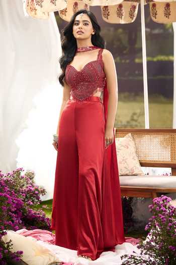Buy Aariyana Couture Red Net Sweetheart Neck Embroidered Blouse Palazzo Set Online at Aza Fashions Buy_Aariyana Couture_Red Net Sweetheart Neck Embroidered Blouse Palazzo Set _Online_at_Aza_Fashions