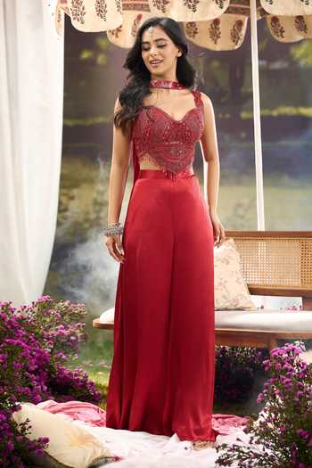 Shop Aariyana Couture Red Net Sweetheart Neck Embroidered Blouse Palazzo Set Online at Aza Fashions Shop_Aariyana Couture_Red Net Sweetheart Neck Embroidered Blouse Palazzo Set _Online_at_Aza_Fashions