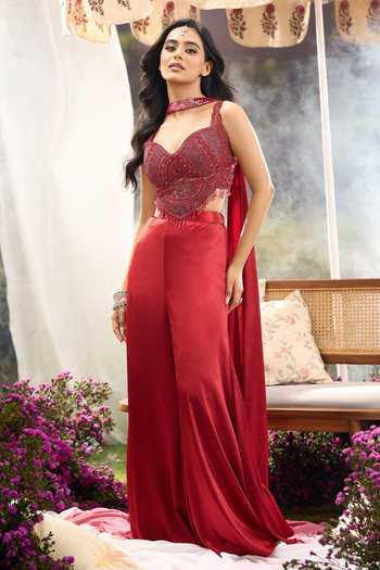 Aariyana Couture Red Net Sweetheart Neck Embroidered Blouse Palazzo Set at Aza Fashions Aariyana Couture_Red Net Sweetheart Neck Embroidered Blouse Palazzo Set _at_Aza_Fashions