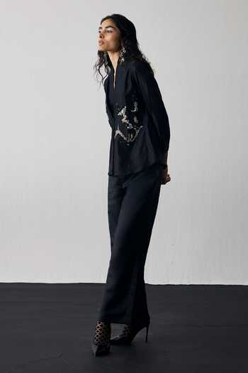 Notsosure Black Silk, Dupion Split V-neck Abstract Motif Shirt And Pant Set Online at Aza Fashions Notsosure_Black Silk, Dupion Split V-neck Abstract Motif Shirt And Pant Set _Online_at_Aza_Fashions