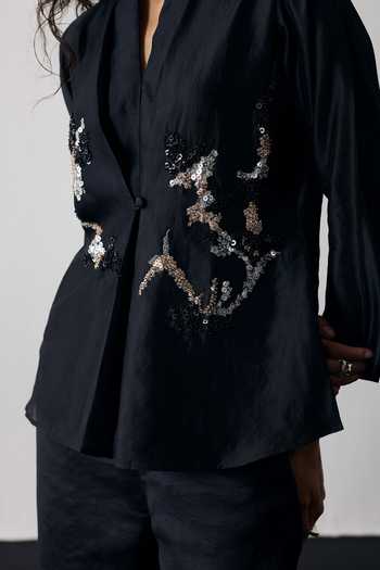 Buy Notsosure Black Silk, Dupion Split V-neck Abstract Motif Shirt And Pant Set Online at Aza Fashions Buy_Notsosure_Black Silk, Dupion Split V-neck Abstract Motif Shirt And Pant Set _Online_at_Aza_Fashions