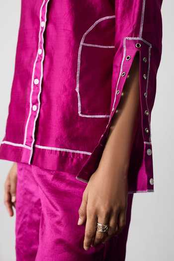 Notsosure Magenta Silk, Dupion Collared Neck Lines Shirt And Pant Set Online at Aza Fashions Notsosure_Magenta Silk, Dupion Collared Neck Lines Shirt And Pant Set _Online_at_Aza_Fashions