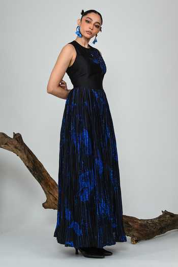 The Dramebaaz CO Blue Silk Round Neck Dna Gathered Dress Online at Aza Fashions The Dramebaaz CO_Blue Silk Round Neck Dna Gathered Dress _Online_at_Aza_Fashions