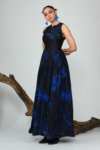Shop The Dramebaaz CO Blue Silk Round Neck Dna Gathered Dress Online at Aza Fashions Shop_The Dramebaaz CO_Blue Silk Round Neck Dna Gathered Dress _Online_at_Aza_Fashions