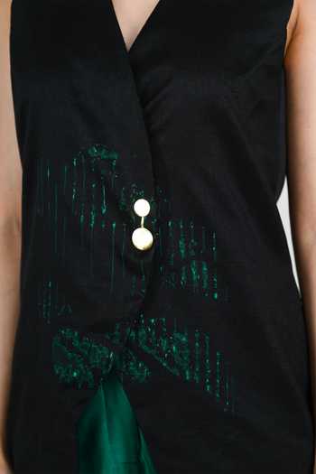 The Dramebaaz CO Green Silk V-neck Cipher Waistcoat Online at Aza Fashions The Dramebaaz CO_Green Silk V-neck Cipher Waistcoat _Online_at_Aza_Fashions