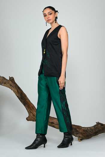 Buy The Dramebaaz CO Green Silk V-neck Cipher Waistcoat Online at Aza Fashions Buy_The Dramebaaz CO_Green Silk V-neck Cipher Waistcoat _Online_at_Aza_Fashions