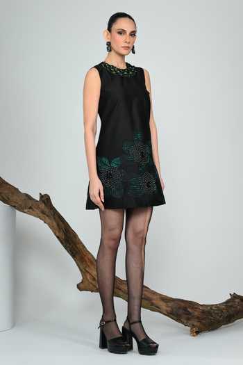 Buy_The Dramebaaz CO_Green Silk Round Neck Moonflower Mini Dress _Online_at_Aza_Fashions