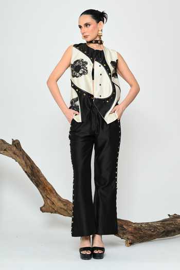 The Dramebaaz CO Off White Silk High Neck Dahlia Dust Waistcoat at Aza Fashions The Dramebaaz CO_Off White Silk High Neck Dahlia Dust Waistcoat _at_Aza_Fashions