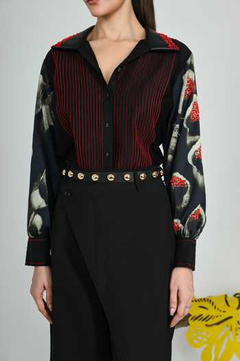 The Dramebaaz CO_Black Silk Collared Neck Mercury Shirt _at_Aza_Fashions
