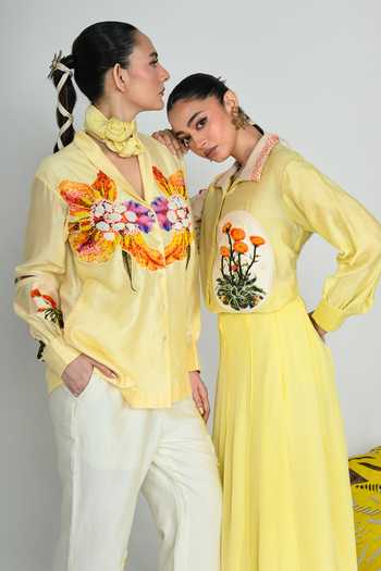 The Dramebaaz CO Yellow Silk V-neck Sunstorm Shirt Online at Aza Fashions The Dramebaaz CO_Yellow Silk V-neck Sunstorm Shirt _Online_at_Aza_Fashions