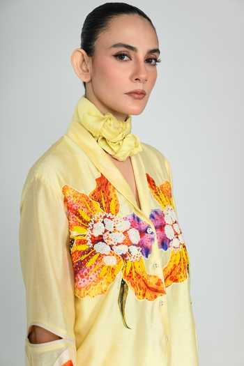 Buy The Dramebaaz CO Yellow Silk V-neck Sunstorm Shirt Online at Aza Fashions Buy_The Dramebaaz CO_Yellow Silk V-neck Sunstorm Shirt _Online_at_Aza_Fashions