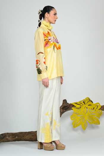 Shop The Dramebaaz CO Yellow Silk V-neck Sunstorm Shirt Online at Aza Fashions Shop_The Dramebaaz CO_Yellow Silk V-neck Sunstorm Shirt _Online_at_Aza_Fashions