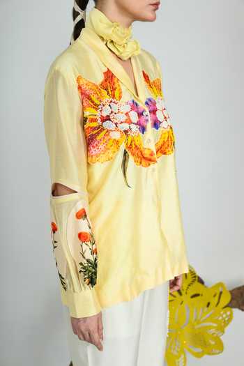 The Dramebaaz CO Yellow Silk V-neck Sunstorm Shirt at Aza Fashions The Dramebaaz CO_Yellow Silk V-neck Sunstorm Shirt _at_Aza_Fashions
