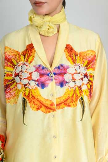Buy The Dramebaaz CO Yellow Silk V-neck Sunstorm Shirt Buy_The Dramebaaz CO_Yellow Silk V-neck Sunstorm Shirt