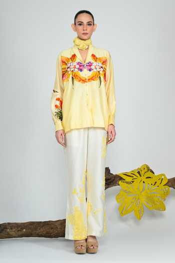 Shop The Dramebaaz CO Yellow Silk V-neck Sunstorm Shirt Shop_The Dramebaaz CO_Yellow Silk V-neck Sunstorm Shirt