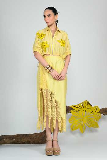 Buy The Dramebaaz CO Yellow Silk Collared Neck Summer Lime Cropped Jacket Online at Aza Fashions Buy_The Dramebaaz CO_Yellow Silk Collared Neck Summer Lime Cropped Jacket _Online_at_Aza_Fashions
